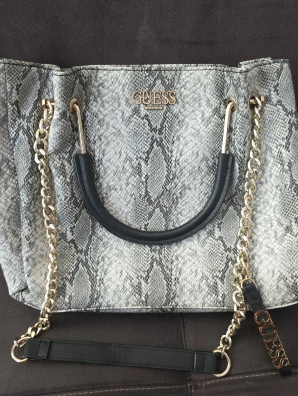 Guess Snake-Print Tote in Gray with Silver Chain Straps